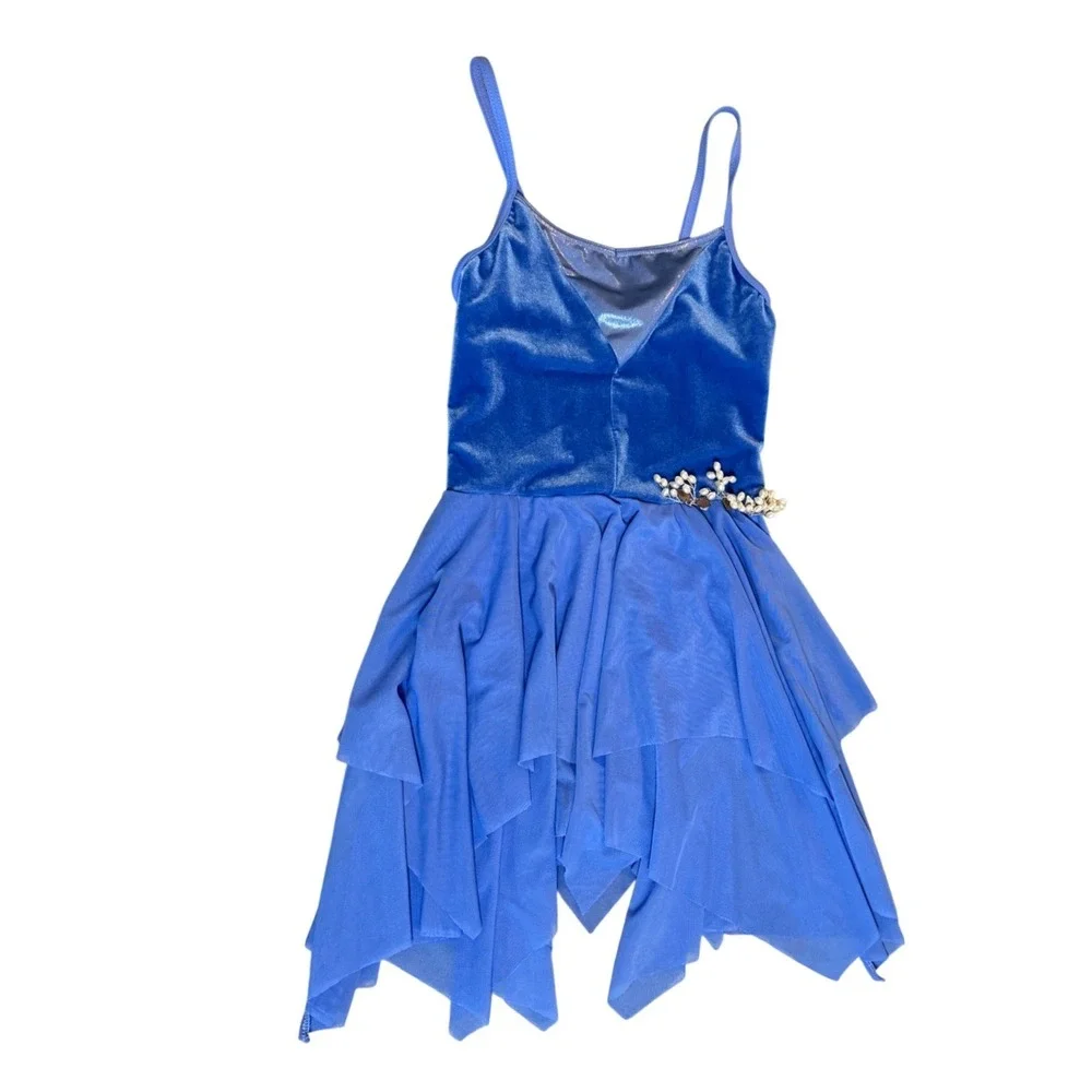 Weissman Lyrical Dance Costume Periwinkle Blue Velvet Pearl Lattice Back LC